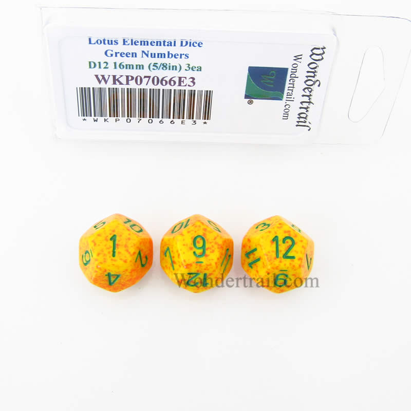 WKP07066E3 Lotus Elemental Dice Green Numbers D12 16mm (5/8in) Pack of 3 (ONLINE ORDER ONLY)
