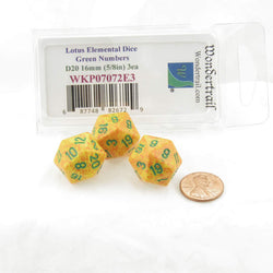 WKP07072E3 Lotus Elemental Dice Green Numbers D20 16mm Pack of 3 (ONLINE ORDER ONLY)
