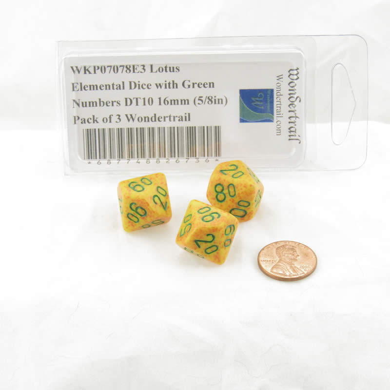 WKP07078E3 Lotus Elemental Dice with Green Numbers DT10 16mm (5/8in) Pack of 3 Wondertrail (ONLINE ORDER ONLY)