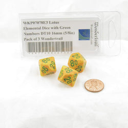 WKP07078E3 Lotus Elemental Dice with Green Numbers DT10 16mm (5/8in) Pack of 3 Wondertrail (ONLINE ORDER ONLY)