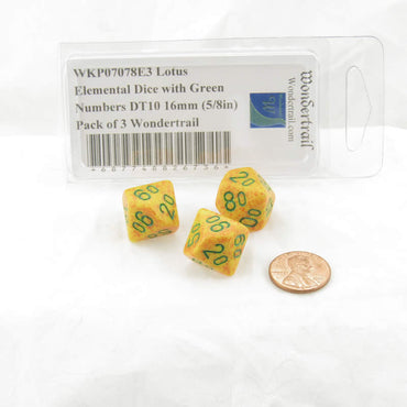 WKP07078E3 Lotus Elemental Dice with Green Numbers DT10 16mm (5/8in) Pack of 3 Wondertrail (ONLINE ORDER ONLY)