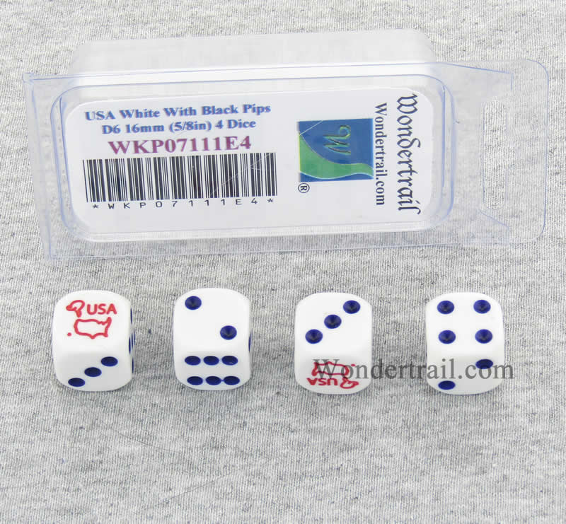 WKP07111E4 USA Country Dice White Opaque Blue Pips D6 16mm Pack of 4 (ONLINE ORDER ONLY)