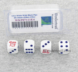 WKP07111E4 USA Country Dice White Opaque Blue Pips D6 16mm Pack of 4 (ONLINE ORDER ONLY)