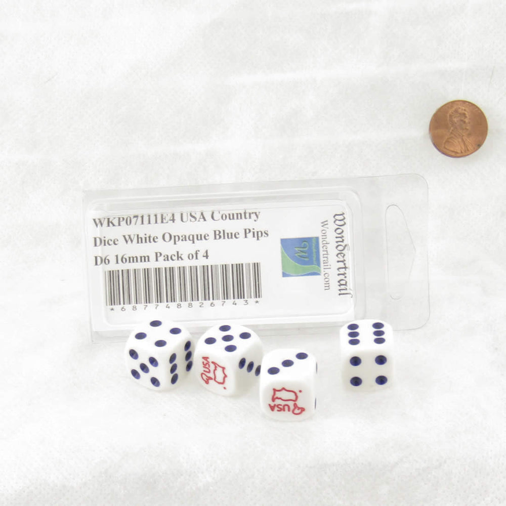 WKP07111E4 USA Country Dice White Opaque Blue Pips D6 16mm Pack of 4 (ONLINE ORDER ONLY)