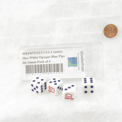 WKP07111E4 USA Country Dice White Opaque Blue Pips D6 16mm Pack of 4 (ONLINE ORDER ONLY)