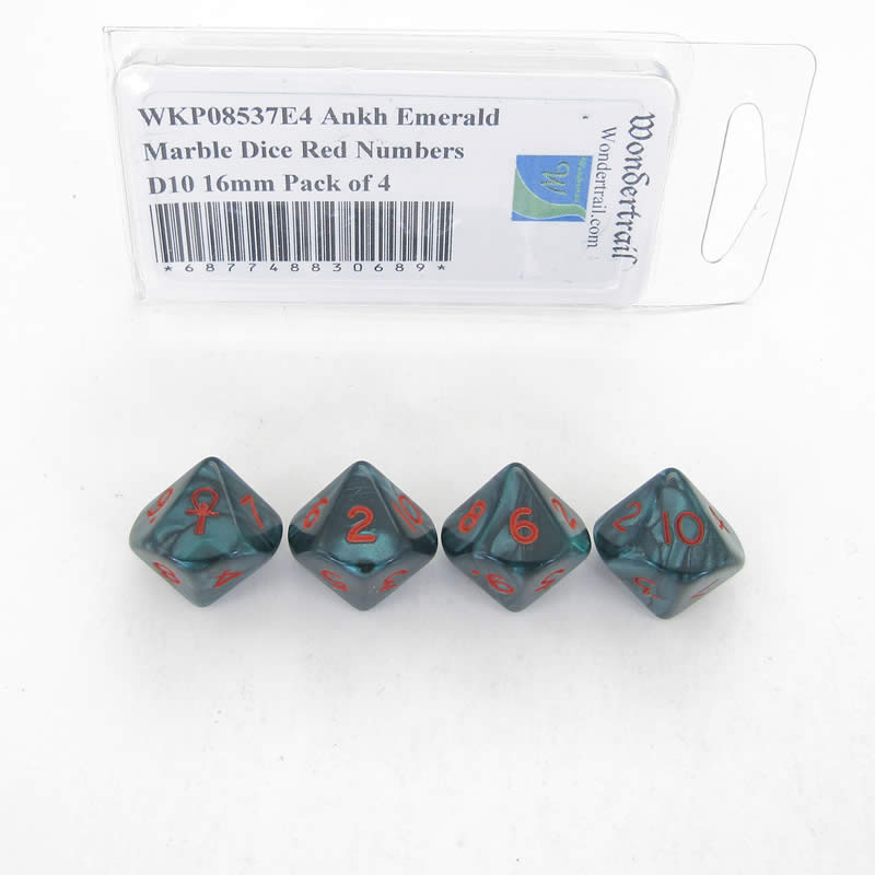 WKP08537E4 Ankh Emerald Marble Dice Red Numbers D10 16mm Pack of 4 (ONLINE ORDER ONLY)