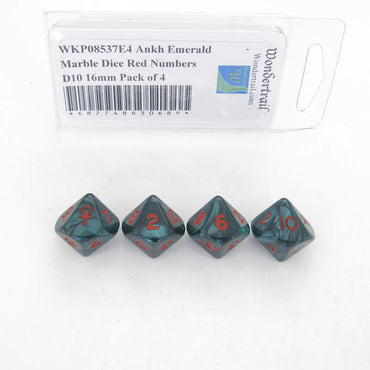 WKP08537E4 Ankh Emerald Marble Dice Red Numbers D10 16mm Pack of 4 (ONLINE ORDER ONLY)