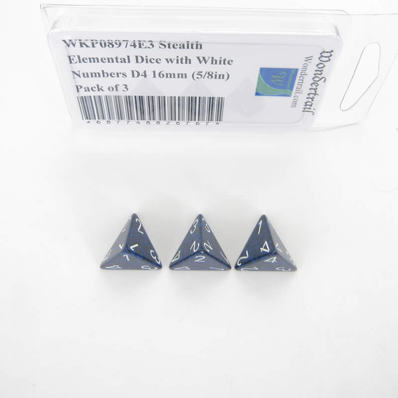 WKP08974E3 Stealth Elemental Dice White Numbers D4 16mm Pack of 3 (ONLINE ORDER ONLY)