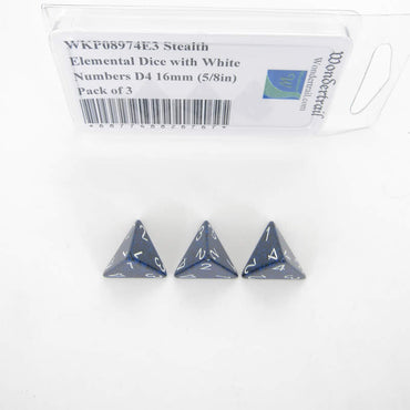 WKP08974E3 Stealth Elemental Dice White Numbers D4 16mm Pack of 3 (ONLINE ORDER ONLY)