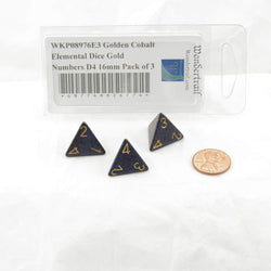 WKP08976E3 Golden Cobalt Elemental Dice Gold Numbers D4 16mm Pack of 3 (ONLINE ORDER ONLY)