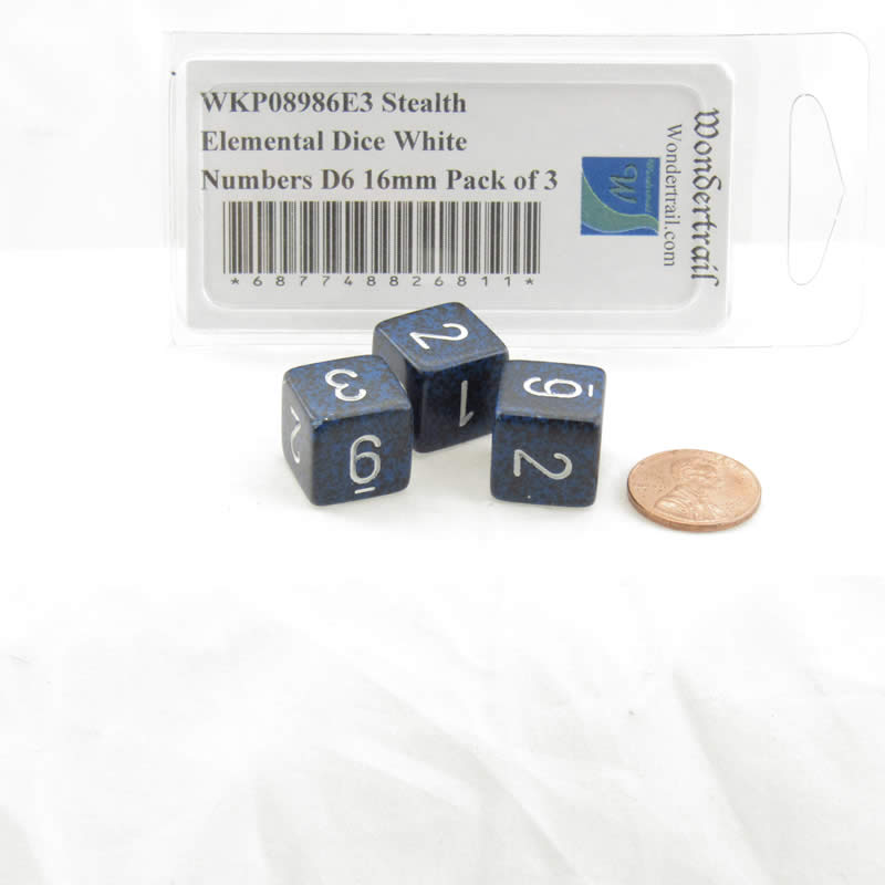 WKP08986E3 Stealth Elemental Dice White Numbers D6 16mm Pack of 3 (ONLINE ORDER ONLY)