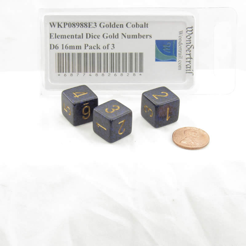 WKP08988E3 Golden Cobalt Elemental Dice Gold Numbers D6 16mm Pack of 3 (ONLINE ORDER ONLY)