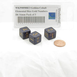 WKP08988E3 Golden Cobalt Elemental Dice Gold Numbers D6 16mm Pack of 3 (ONLINE ORDER ONLY)