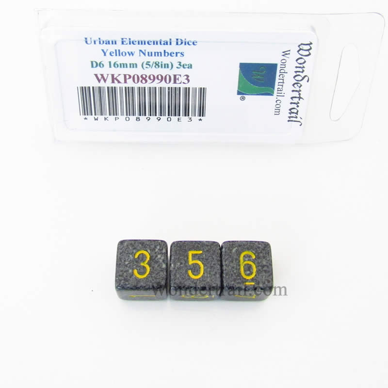 WKP08990E3 Urban Camo Elemental Dice with Yellow Numbers D6 16mm (5/8in) Pack of 3 (ONLINE ORDER ONLY)