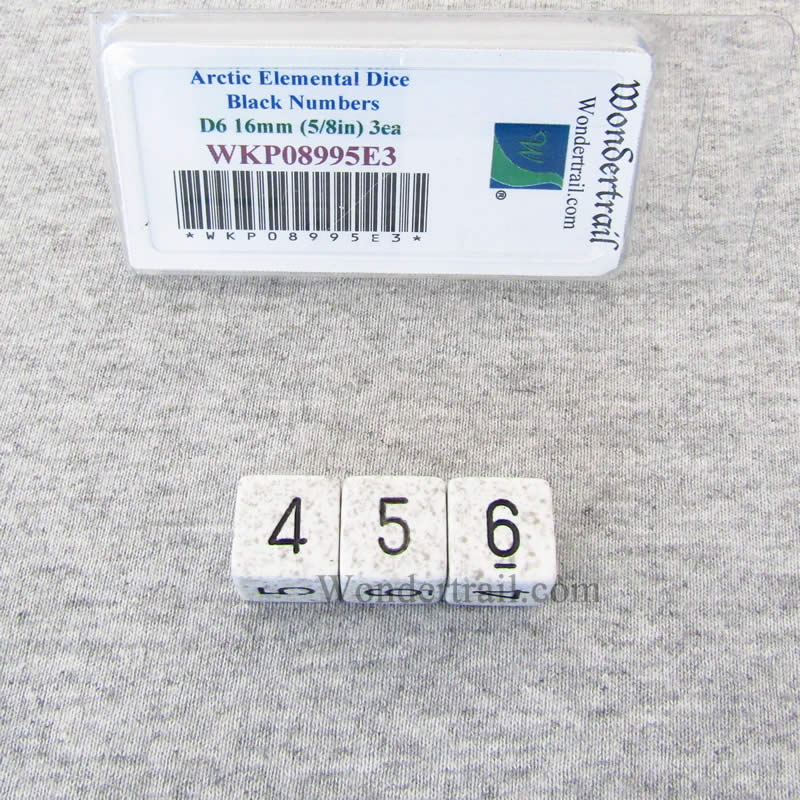 WKP08995E3 Arctic Camo Elemental Dice Black Numbers D6 16mm Pack of 3 (ONLINE ORDER ONLY)