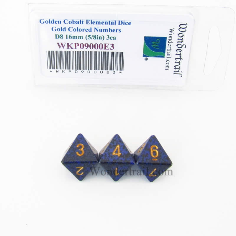 WKP09000E3 Golden Cobalt Elemental Dice Gold Numbers D8 16mm Pack of 3 (ONLINE ORDER ONLY)