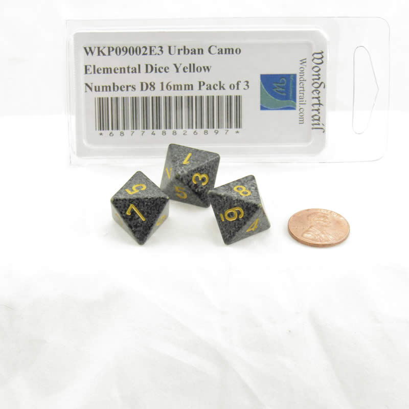 WKP09002E3 Urban Camo Elemental Dice Yellow Numbers D8 16mm Pack of 3 (ONLINE ORDER ONLY)
