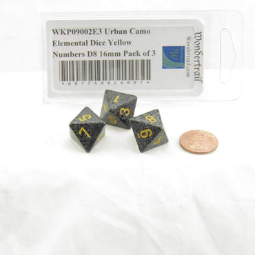 WKP09002E3 Urban Camo Elemental Dice Yellow Numbers D8 16mm Pack of 3 (ONLINE ORDER ONLY)