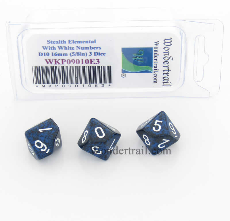 WKP09010E3 Stealth Elemental Dice White Numbers D10 16mm Pack of 3 (ONLINE ORDER ONLY)