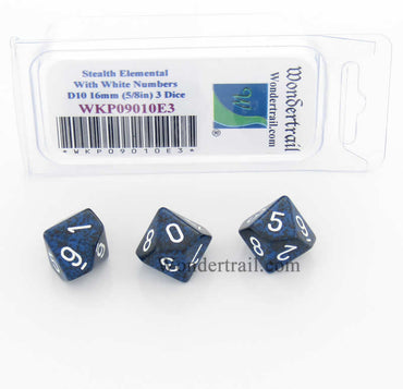 WKP09010E3 Stealth Elemental Dice White Numbers D10 16mm Pack of 3 (ONLINE ORDER ONLY)
