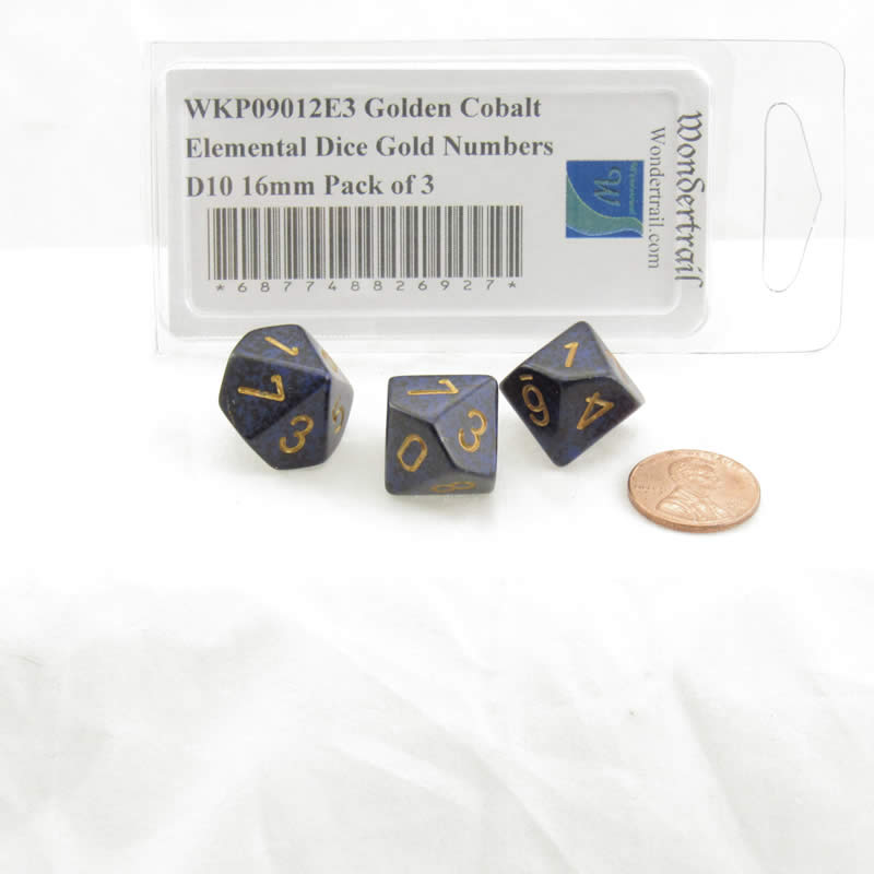 WKP09012E3 Golden Cobalt Elemental Dice Gold Numbers D10 16mm Pack of 3 (ONLINE ORDER ONLY)