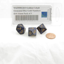 WKP09012E3 Golden Cobalt Elemental Dice Gold Numbers D10 16mm Pack of 3 (ONLINE ORDER ONLY)