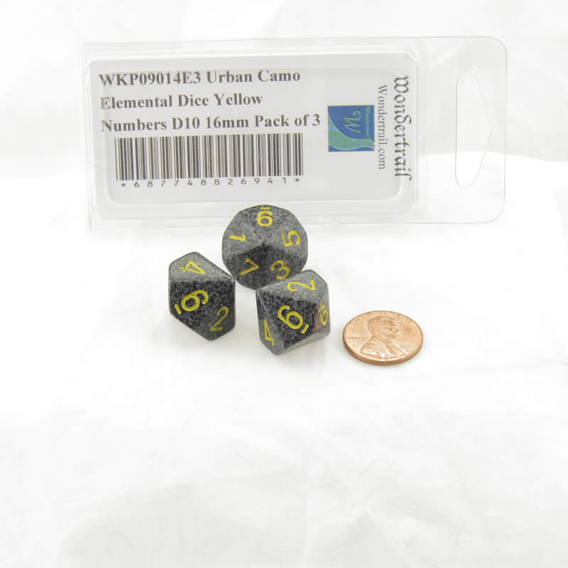WKP09014E3 Urban Camo Elemental Dice Yellow Numbers D10 16mm Pack of 3 (ONLINE ORDER ONLY)
