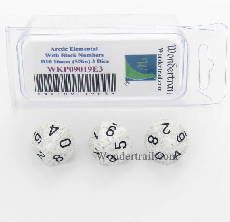 WKP09019E3 Arctic Camo Elemental Dice Black Numbers D10 16mm Pack of 3 (ONLINE ORDER ONLY)