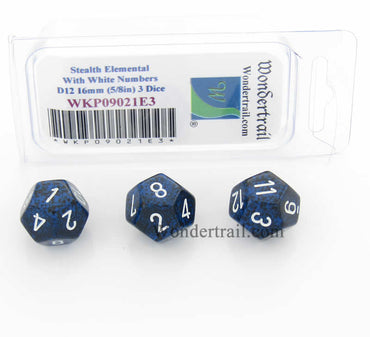 WKP09021E3 Stealth Elemental Dice White Numbers D12 16mm Pack of 3 (ONLINE ORDER ONLY)