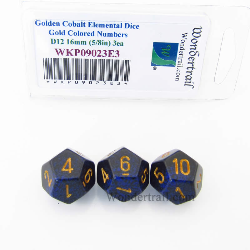WKP09023E3 Golden Cobalt Elemental Dice Gold Numbers D12 16mm Pack of 3 (ONLINE ORDER ONLY)