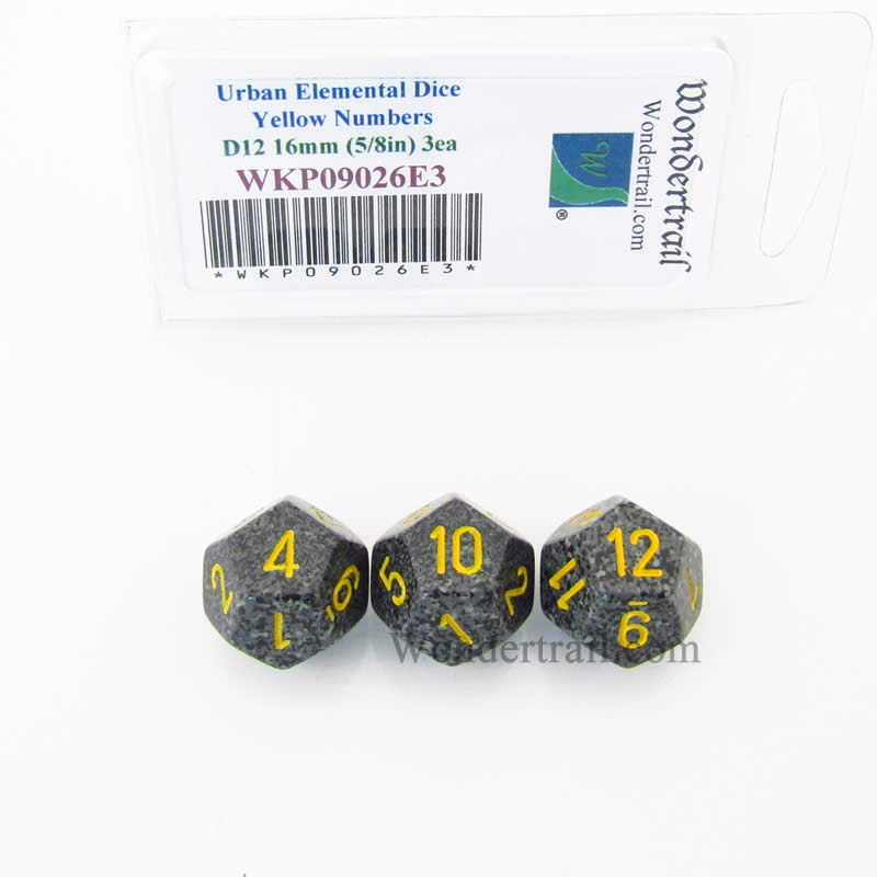 WKP09026E3 Urban Camo Elemental Dice Yellow Numbers D12 16mm Pack of 3 (ONLINE ORDER ONLY)