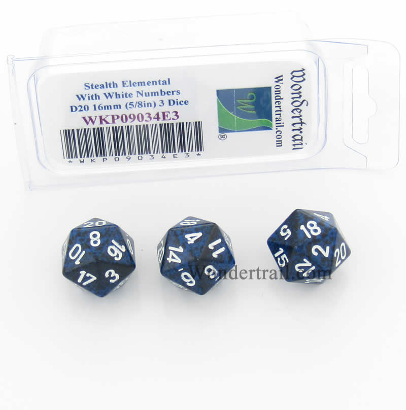WKP09034E3 Stealth Elemental Dice White Numbers D20 16mm Pack of 3 (ONLINE ORDER ONLY)