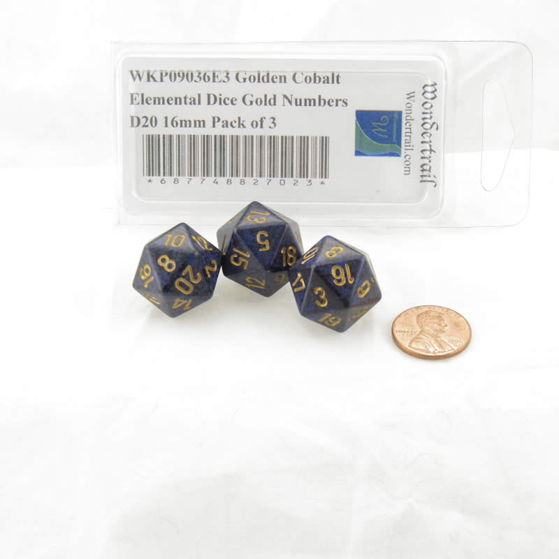 WKP09036E3 Golden Cobalt Elemental Dice Gold Numbers D20 16mm Pack of 3 (ONLINE ORDER ONLY)