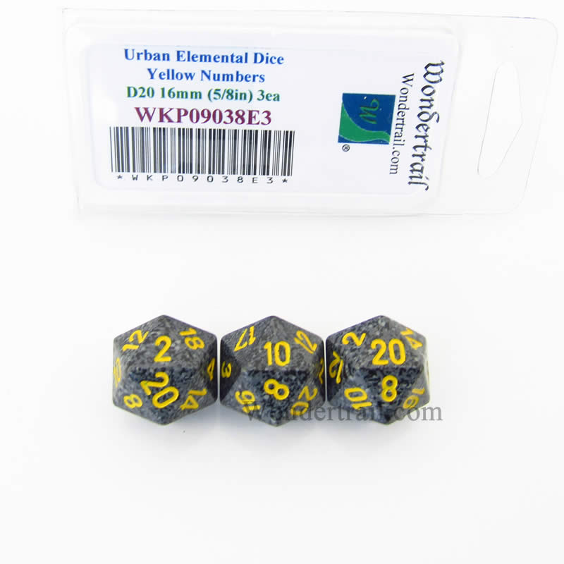 WKP09038E3 Urban Camo Elemental Dice Yellow Numbers D20 16mm Pack of 3 (ONLINE ORDER ONLY)