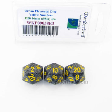 WKP09038E3 Urban Camo Elemental Dice Yellow Numbers D20 16mm Pack of 3 (ONLINE ORDER ONLY)