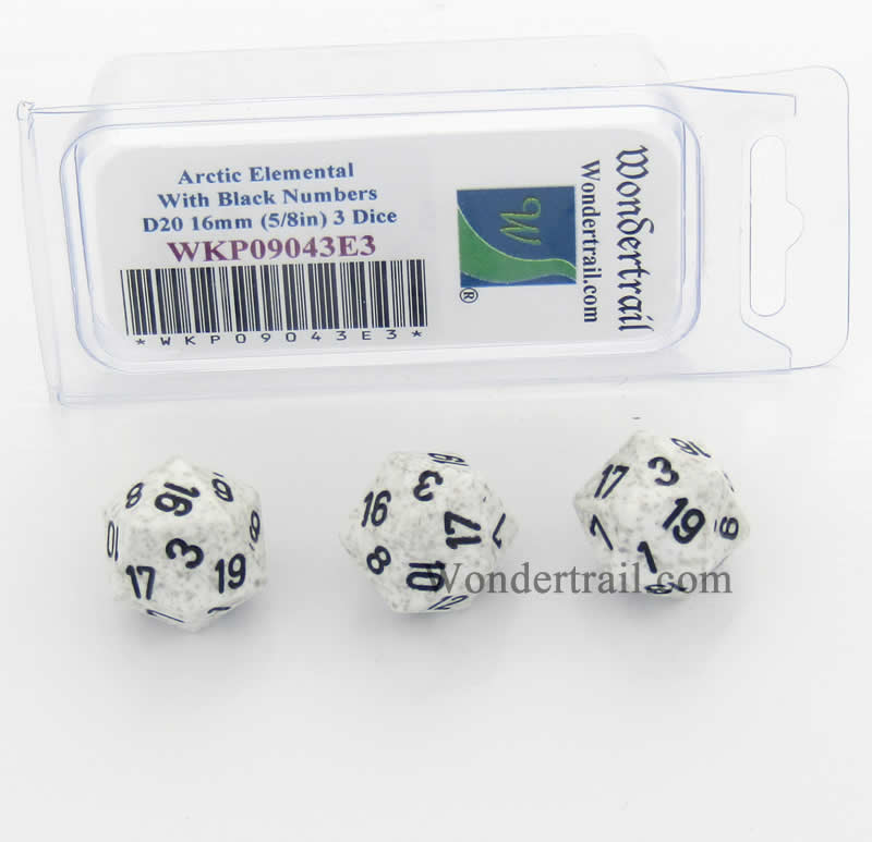 WKP09043E3 Arctic Camo Elemental Dice Black Numbers D20 16mm Pack of 3 (ONLINE ORDER ONLY)