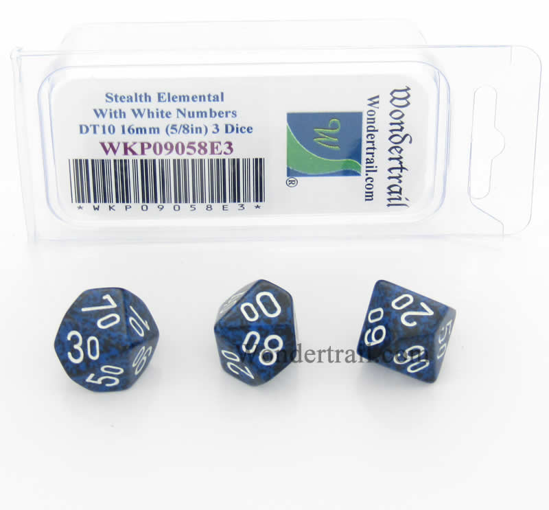 WKP09058E3 Stealth Elemental Dice White Numbers DT10 16mm Pack of 3 (ONLINE ORDER ONLY)