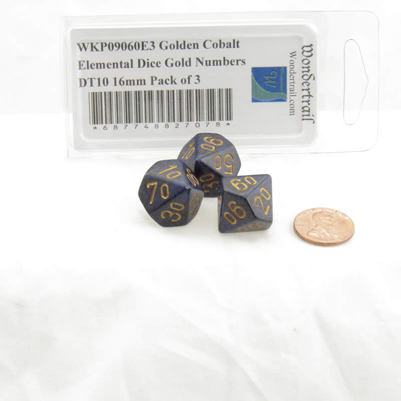 WKP09060E3 Golden Cobalt Elemental Dice Gold Numbers DT10 16mm Pack of 3 (ONLINE ORDER ONLY)