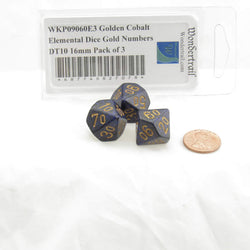 WKP09060E3 Golden Cobalt Elemental Dice Gold Numbers DT10 16mm Pack of 3 (ONLINE ORDER ONLY)
