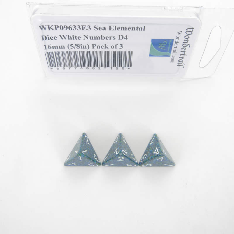 WKP09633E3 Sea Elemental Dice White Numbers D4 16mm (5/8in) Pack of 3 (ONLINE ORDER ONLY)