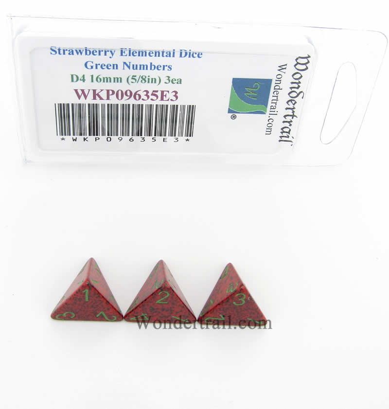 WKP09635E3 Strawberry Elemental Dice Green Numbers D4 16mm Pack of 3 (ONLINE ORDER ONLY)