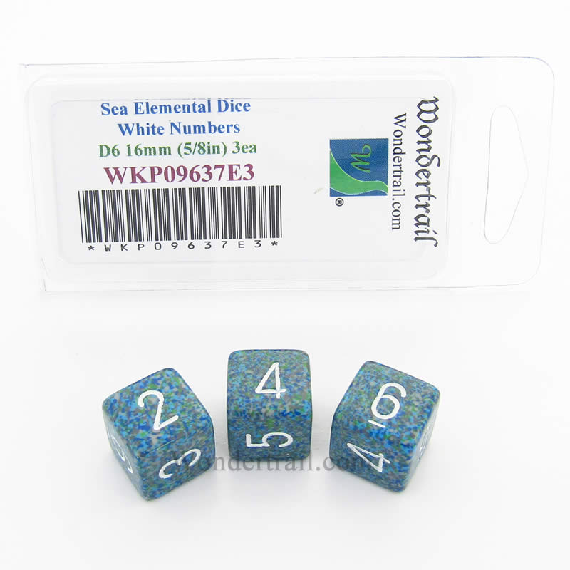 WKP09637E3 Sea Elemental Dice White Numbers D6 16mm Pack of 3 (ONLINE ORDER ONLY)