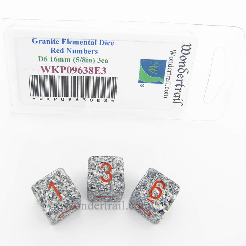 WKP09638E3 Granite Elemental Dice Red Numbers D6 16mm Pack of 3 (ONLINE ORDER ONLY)