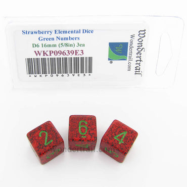 WKP09639E3 Strawberry Elemental Dice Green Numbers D6 16mm Pack of 3 (ONLINE ORDER ONLY)