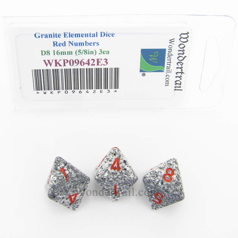 WKP09642E3 Granite Elemental Dice Red Numbers D8 16mm Pack of 3 (ONLINE ORDER ONLY)