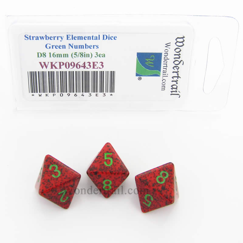 WKP09643E3 Strawberry Elemental Dice Green Numbers D8 16mm Pack of 3 (ONLINE ORDER ONLY)