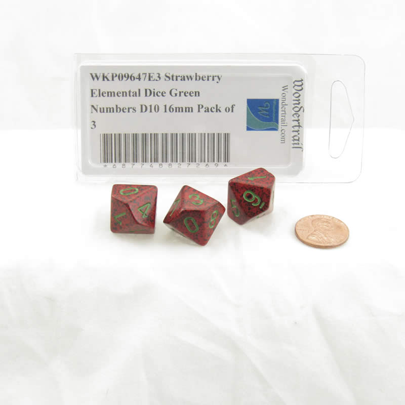 WKP09647E3 Strawberry Elemental Dice Green Numbers D10 16mm Pack of 3 (ONLINE ORDER ONLY)