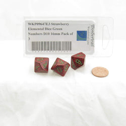 WKP09647E3 Strawberry Elemental Dice Green Numbers D10 16mm Pack of 3 (ONLINE ORDER ONLY)