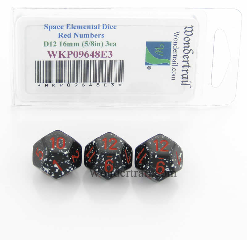 WKP09648E3 Space Elemental Dice Red Numbers D12 16mm Pack of 3 (ONLINE ORDER ONLY)