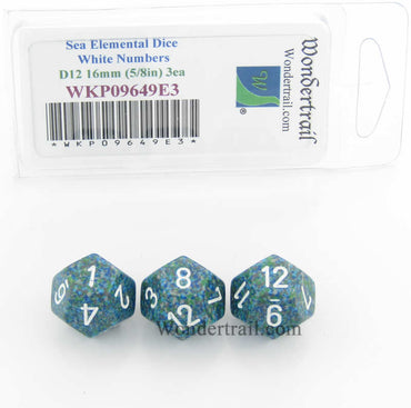 WKP09649E3 Sea Elemental Dice White Numbers D12 16mm Pack of 3 (ONLINE ORDER ONLY)